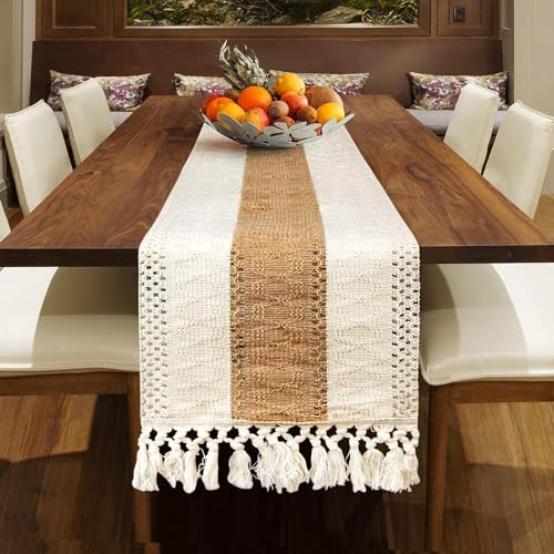 Beige Makramee Tischläufer aus Baumwolle Vintage Häkeln Tischläufer Hohle Mesh Tischdecke für für Boho Hochzeitsdekoration und Bauernhaus Tischdekoration Dekor(30x180cm/12x72in)