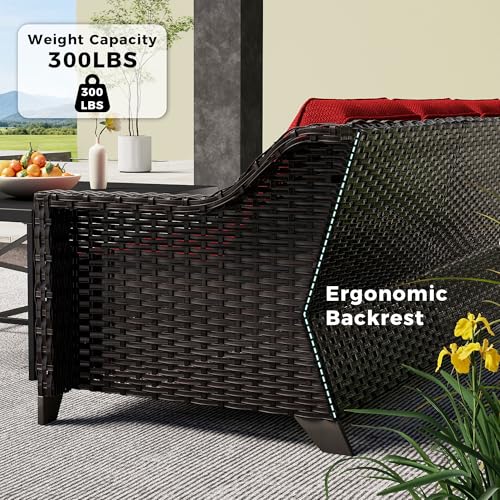 Image of 77'' Patio Sofa, All Weather Outdoor Rattan Wicker 3-Seat Sofa High Back Couch with Premium Cushions for Garden Backyard Porch(Brown /Red) | Patio Couch with Olefin Removable Cushion, All-Weather Outdoor Sofa with Deep Seat for Porch, Deck and Backyard, Red