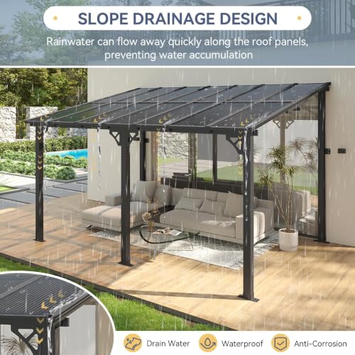 Image of 10x14FT Lean to Gazebo Pergola Patio Pergolas withSloped Roof | Large Wall Mounted Gazebos Heavy Duty Awnings with Galvanized Steel Frame Hardtop Gadern Canopy for Backyard, Deck, Porch