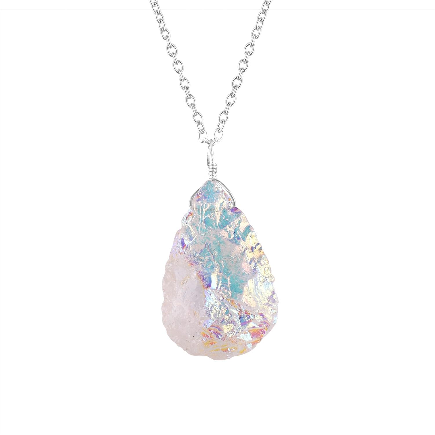 Raw Pear-Shaped Angel Aura Quartz Pendant - Natural Rough Beauty - Sterling Silver Necklace - Rhodium Plated - Healing Crystal - Odrillion Gems - 16+2 Inch