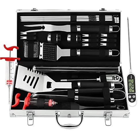 grilljoy BBQ Grill Tool Set with Gift Wrapping Box, 25pcs Stainless Steel BBQ Accessories with Heat Resistant Handle in Storage Case, Premium Complete Outdoor BBQ Utensil Set - Ideal for Man Woman Cover