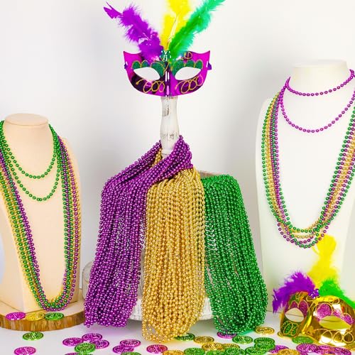 Image of EOBOH 50PCS Mardi Gras Beads, Mardi Gras Green Purple Gold Necklaces Bulk, Metallic Mardi Gras Beads Necklace Accessories Costumes for Parade Throws Party Decorations Favor Supplies