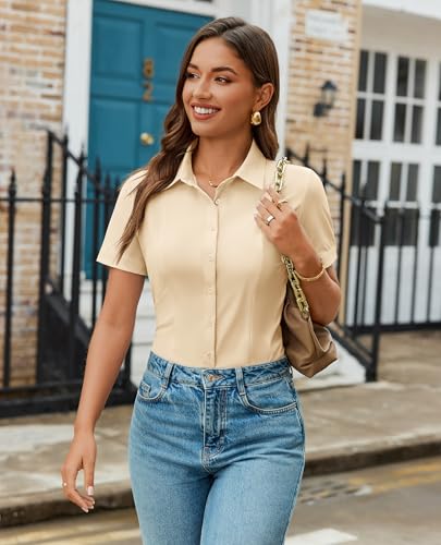 Image of Gleeivy Women's Slim Fit Button Down Shirt Stretch Short Sleeve Wrinkle-Free Work Blouse for Business Casual Office
