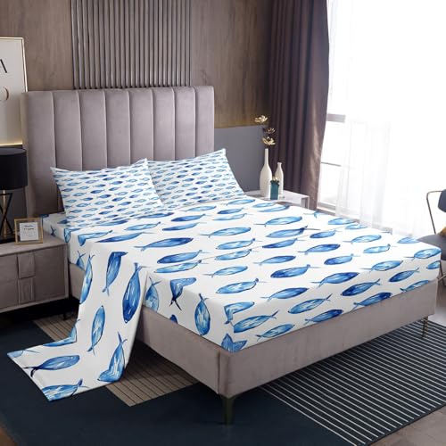 Image of jejeloiu Fish Bed Sheets Set Queen Size Summer Ocean Bed Set for Kids Boys Girls Abstract Stripe Deep Pocket Fitted Sheet Sea Animal Breathable Soft Lightweight Microfiber