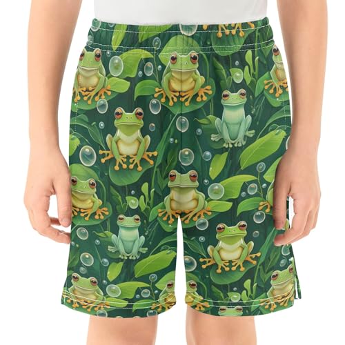 Green Frogs Leaves Durable Pull-On Boys Lounge Shorts, Above-The-Knee School Boys Outdoor Shorts XS2