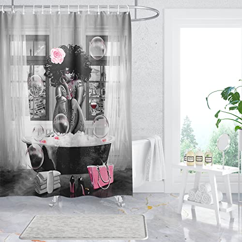 Tyakasha African American Woman Shower Curtain Waterproof Polyester Fabric Shower Curtain For Bathroom Grey Bathroom Curtain Machine Washable Quick Dry 72 X 72 Inches With 12 Hooks #TOP2