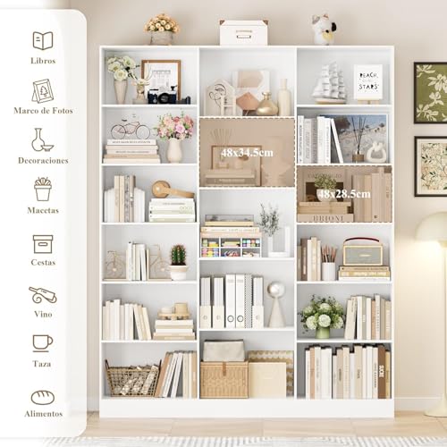 FirFurd 188cm Estantería Grande, Estanterías Almacenaje Madera, Librería, Estanterias para Libros, para Salón, Oficina y Estudio, 3 Filas, con 17 Compartimentos, 188 x 149 x 23,5 cm (Blanco) - imagen 5