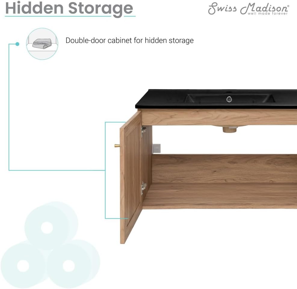 Swiss Madison Classe 36 in. Brown Oak Wall Hung Bathroom Vanity with Black Ceramic Sink Top