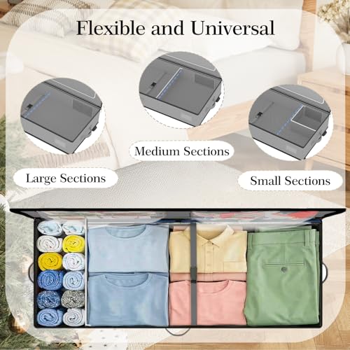 Image of GoMaihe Under Bed Storage with Wheels: 70L Rolling Bins for Wrapping Paper Storage, Toys, Clothes - Includes Mesh Bag & Adjustable Dividers, Metal Frame Easy Pull-out Grey 1-Pack