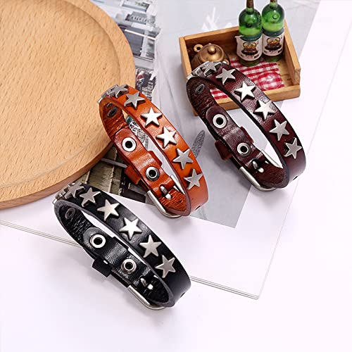 NIGHTCRUZ Punk Leather Bracelet Star, Vintage Leather Cuff Wristband with Belt Buckle4