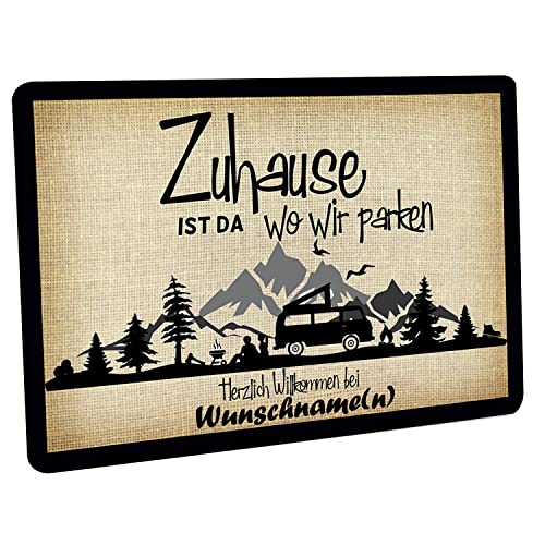 Crealuxe Fussmatte 'Wunschtext / Wunschname Zuhause ist wo wir parken' personalisiert, Fußabtreter, Fußabstreifer für die Haustür, Fußmatte rutschfest Cover