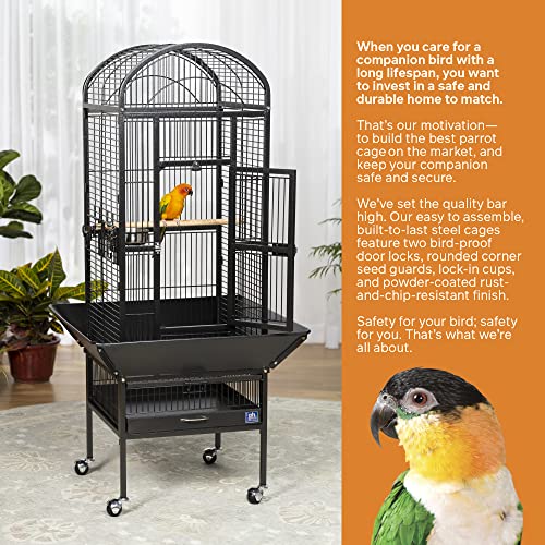 Image of Prevue Pet Products Dome Top Bird Cage - Powder‑Coated Steel Cage with Wheels, Push Button Locks, Seed Guards and Perch, Ideal for Cockatiels, and All Small-Medium Sized Birds - Black Hammertone