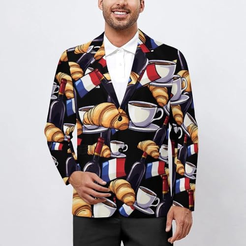 Wine Coffee Croissants France Flag Men's Slim Suit Long-Sleeve Prom Tuxedo Classic Two Button Business Jacket2