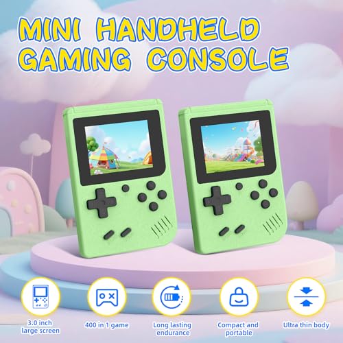 Image of Retro Gaming Console, Built-in 400 Classic Retro Game Console, 3.0 Inch IPS Screen Retro Handheld Game Console, 1020mAh Rechargeable Battery, Portable Arcade Video Gaming Console (Green)