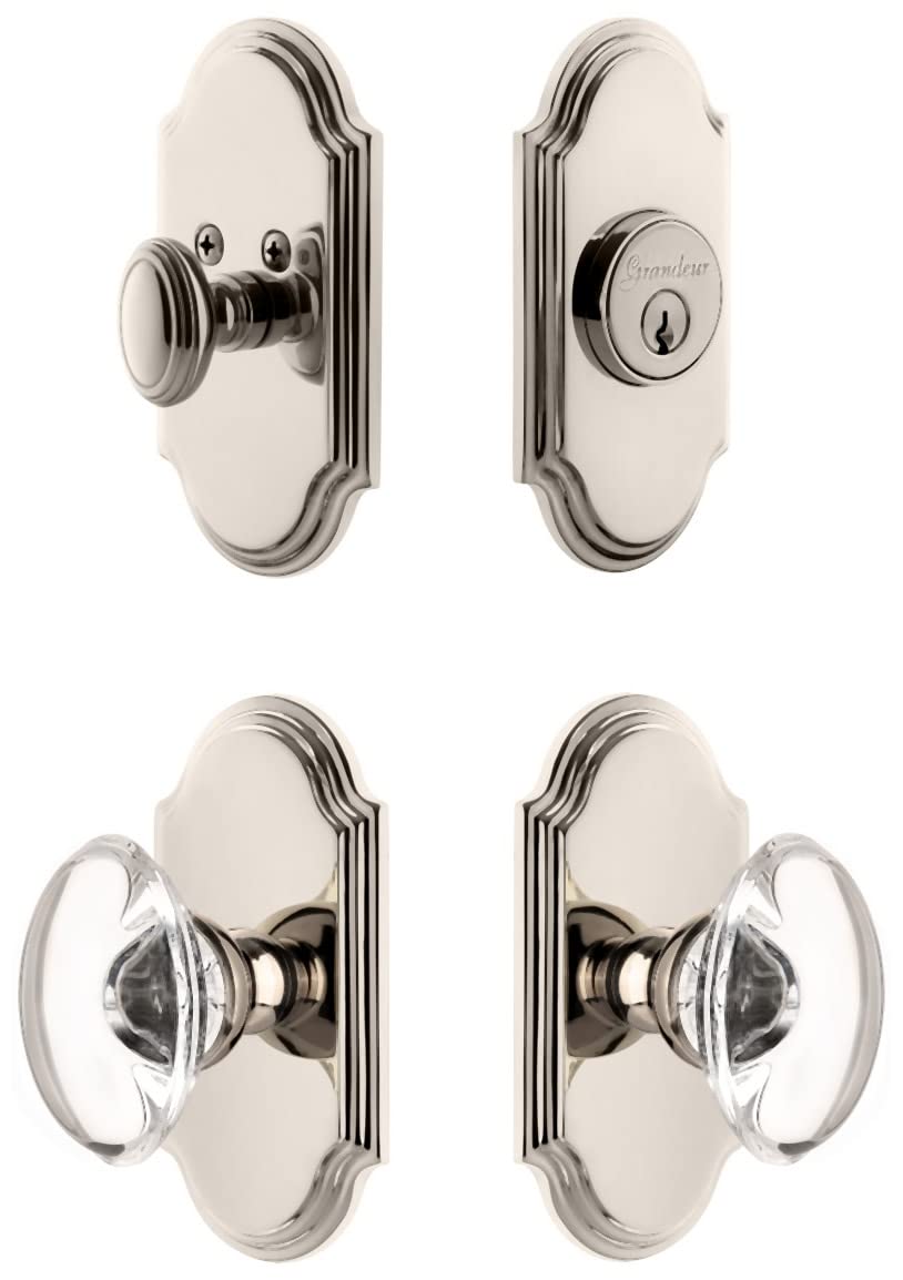 Grandeur ARCPRO_SP_ESET_238 Arc Solid Brass Single Cylinder Keyed Entry Knobset and Deadbolt Combo Pack with Provence Crystal Knob and 2-3/8" Backset - Polished Nickel