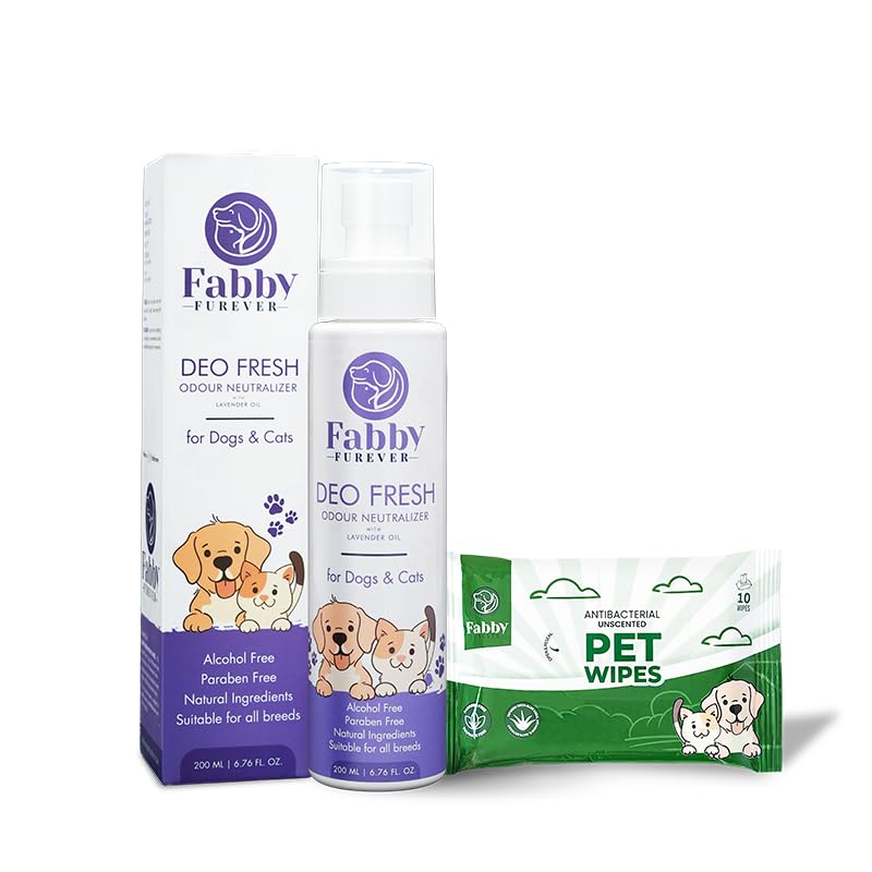 Fabby Furever Pet Duo: Lavender Deodorant Spray(200ml) & Unscented Pet Wipes(10 Wipes), Odour Control & Gentle Cleaning for All Breeds