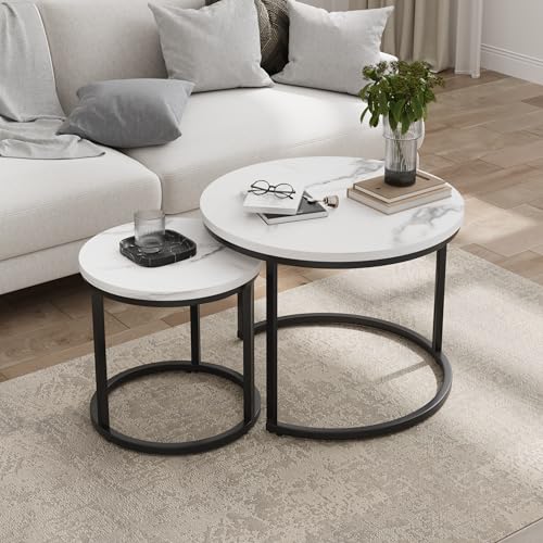 Pangshiyuan Juego de 2 mesas de centro anidadas blancas redondas con marco de metal y aspecto de madera, ahorro de espacio, moderno, ideal para sala de estar, dormitorio, oficina, balcones