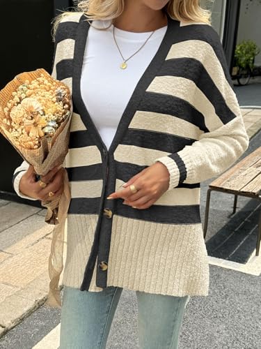 Saodimallsu Womens Oversized Striped Cardigan Sweaters V Neck Fuzzy Knit Button Up Side Slit Fall Sweater Coats3