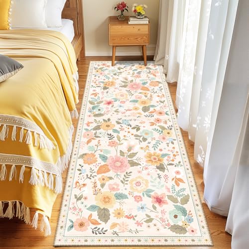 Floral 2x8 Area Rug Machine Washable Soft Print Boho Carpet Non Slip Doormat Low Pile Flower Area Rugs for Living Room Bedroom Nursery Kitchen Dining Room Indoor-Beige/White/Orange