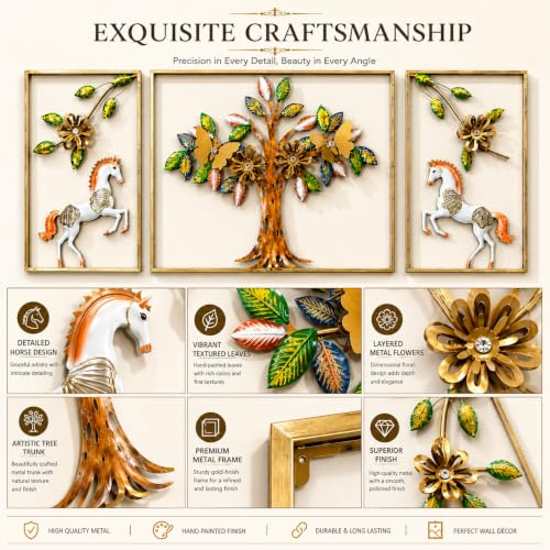Image of SHREE 'O' GREEN TECH - Modern Iron Tree of Life Wall Decor Multicolor Horse Floral Leaf Artwork Large Hanging Frames for Living Room Bedroom Office Hotel Interior Styling (Set of 3)