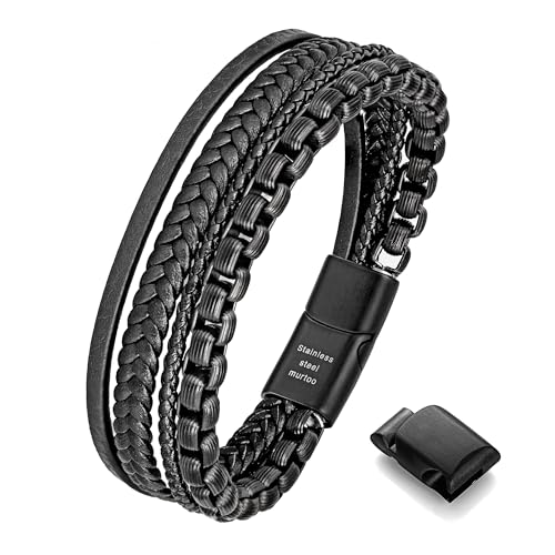 Image of murtoo Mens Bracelet leather and Steel, Stainless Steel Chain and Leather Bracelets for Men