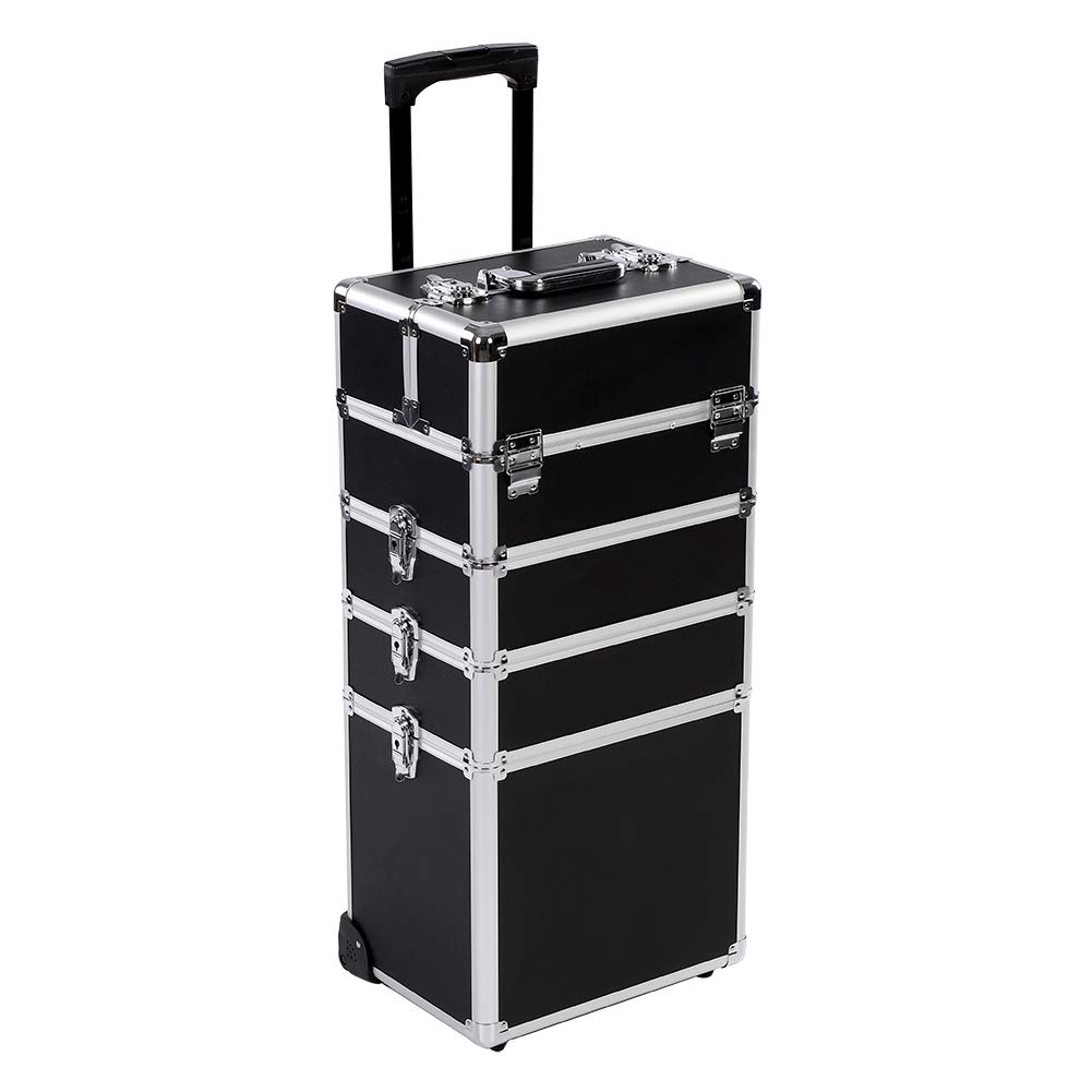 4 in 1 Rolling Makeup Trolley, Aluminum Cosmetics Case Beauty Hairdressing Train Case Carry Bag Box 