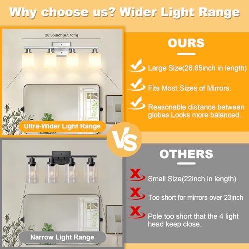 Image of Unicozin 4-Light Bathroom Light Fixtures, Modern Brushed Nickel Vanity Light Over Mirror, Wall Sconces with Milky White Glass Shades for Living Room Bedroom Hallway E26 Base