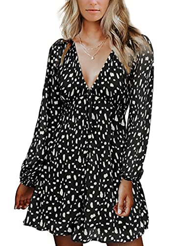 Dokotoo Womens Ladies Casual Summer Spring Sexy V Neck Ruffle Floral Elegant Long Sleeve Tie Waist Cute Chiffon Boho Beach Tunic Swing A Line Flowy Mini Short Skater Dresses for Women 2021 Black M