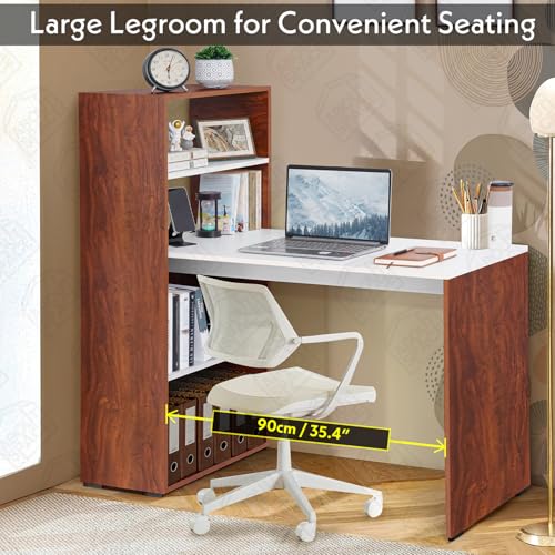 Image of ABOUT SPACE Study Table with 4 Tier Book Shelf - Computer Table with Storage for PC, Laptop & Writing DIY Engineered Wood Office Table for Home [White & Oak Red L 120 x B 53 x H 124.5 cm]