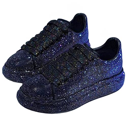 Julymens Damen Glitzer Strasssteine Plattform Turnschuhe Lässig Schnürung Sportschuhe SH023 Schwarz EU39.5=CN40
