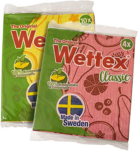 Wettex The Original Swedish Dishcloths - Bulk 14 Pack - Biodegradable, Eco-Friendly, No Odor, 15x Absorbent Cellulose Sponge Cloth (Assorted Colors 14 Pack)