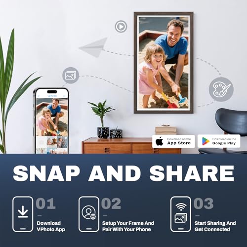 Image of Large Digital Picture Frame 24 inch, 1920x1080 FHD IPS WiFi Digital Photo Frame with Remote, 64GB Storage, Auto-Rotate, Instantly Share Photo /Video via Apps /Email, USB /Mirco SD, Dark Wood