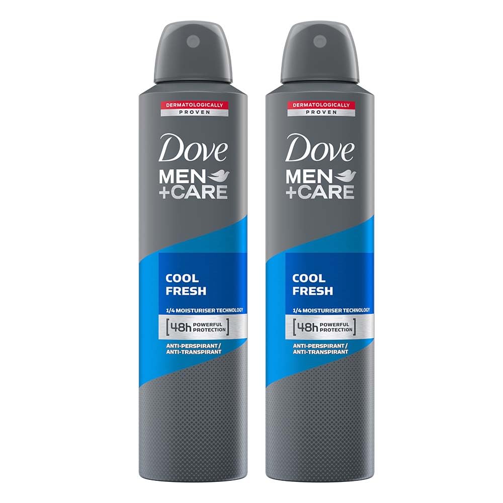 Dove Men+Care Cool Fresh Dry Spray Antiperspirant Deodorant, Up To 48 Hrs Protection From Sweat & Odour, Instantly Dry, Soothes & Moisturises Skin, Clean, Refreshing Scent, 250Ml, 2 count