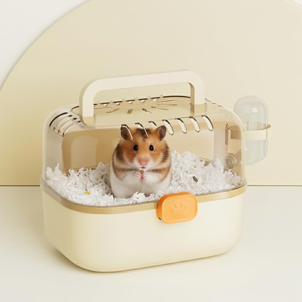Hamster Carrier Cage with Water Bottle for Golden & Dwarf Hamsters, Travel Cage for Small Animals, Easy-Carry Transparent Plastic Pet Carrier for Vet Visit Escape-Proof with Great Ventilation