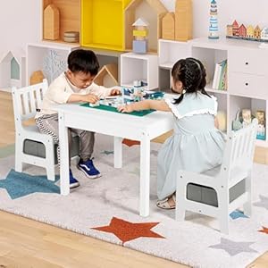 Kinder king kids wood table 2 chairs set 3 in 1 kids construction play table toddler activity table wstorage space building block table for child art crafts reading playing white  urban country home decor