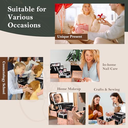 frenessa makeup case 118 inch makeup organizer case large cosmetic box with mirror portable 3 trays travel storage box for make up nail tech kits cosmetology case 3d rose gold floral