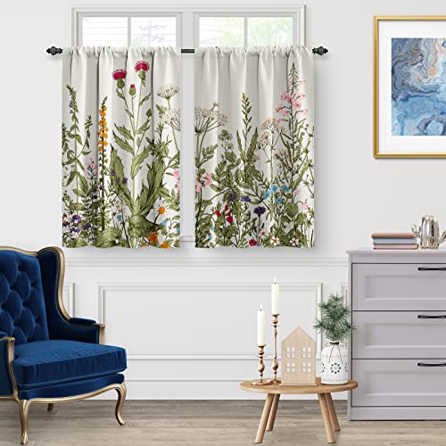 Jekeno Green Plant Floral Kitchen Curtains - Spring Flowers Botanical Butterfly Short Curtains Wildflower Decor Tiers for Home Dining Living Room Rod Pocket Window Drapes 2 Panels Set, 28"x36"