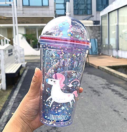 PKM Plastic Light & Non Light Sipper Tumbler with Straw 450ml Unicorn Design with Sparkle and Glitter Fancy Sipper for Girls Boys Best Gift, Diwali Gift Multicolor Random Collection