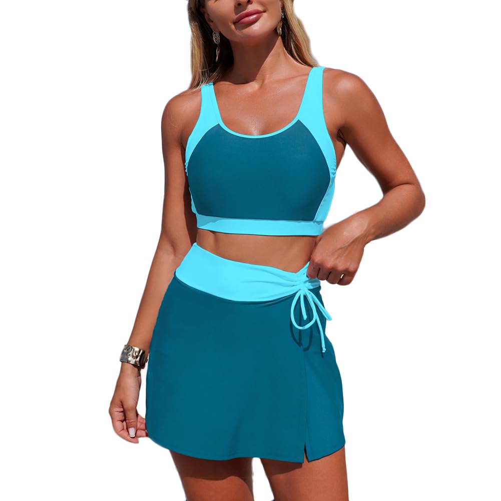 JPXJGT Swimsuit Split Swimsuit Women's Color Blocked Skirt Style Pocket (Size:S,Color:Green)