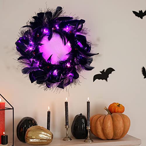 Couronne Halloween Plumes Noires Avec Lumières - Diamètre 35 Cm, Déco Porte Intérieure, Festival Effrayant