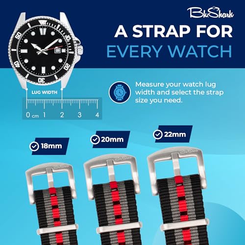 Image of BluShark - Original Collection Military-Style Waterproof Watch Strap, Fits All Timepiece Brands, Durable Nylon Wristwatch Accessories with Stainless Steel Buckle - 18mm, 20mm, 22mm & 24mm Watch Bands