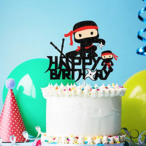 Ninja Happy Birthday Cake Topper Decoration - Kung Fu Theme Cake Topper Black Glitter Birthday Boy Girl Baby Baby Shower Party Decor #TOP2