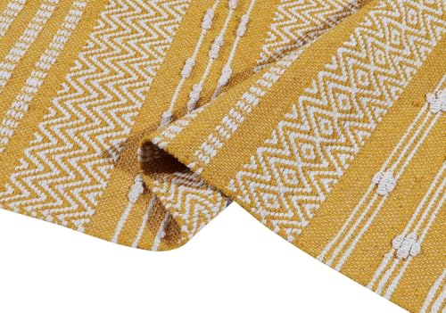 Image of FIASCO Hand Woven 100% Natural Cotton Export Quality Designer Striped Rug, Bed Side Runner Rug Carpet for Bedroom, Passage,Living Room, Size- 2X5 Feet Yellow & White Zig zag New