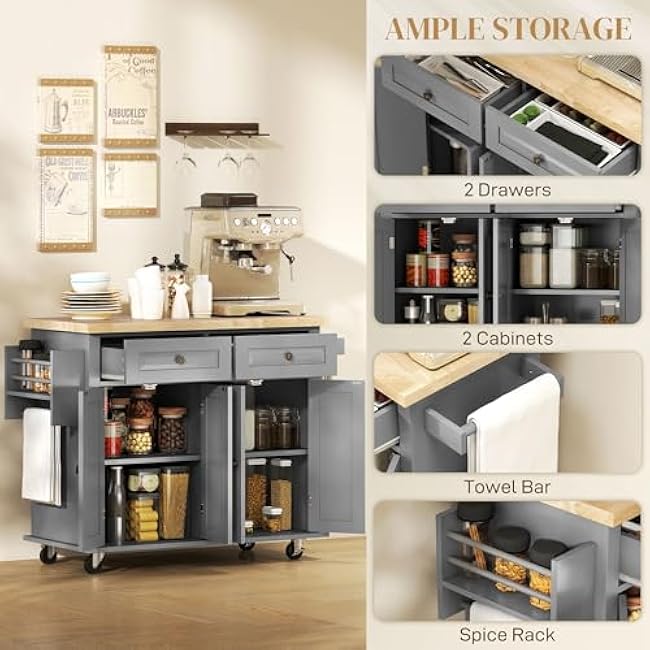 HOMCOM Kitchen Island Cart with Rubber Wood Top, Rolling Kitchen Island Table on Wheels with Drawers, Adjustable Shelves, Spice Rack and Towel Rack for Dining Room, Gray-WZLL9kPn