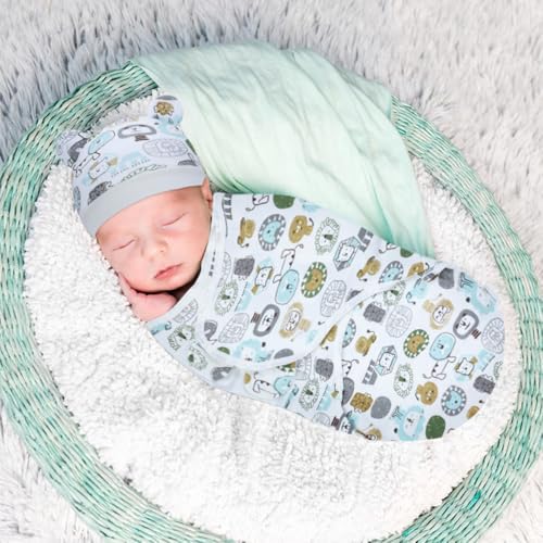 Image of Cinaci 2 Pieces Adjustable Soft Cotton Baby Swaddle Sleep Sacks Hats Newborn Nursery Caps Beanies Bonnets Swaddle Blanket Wraps for Baby Girls Boys Infants Newborns (2PCS S10)