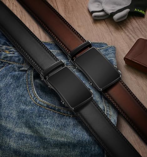 Image of KEMISANT Men Belt 2 Pack, Leather Ratchet Belt Easy Click Slide For Men 1 3 /8 inch,Cut for Fit