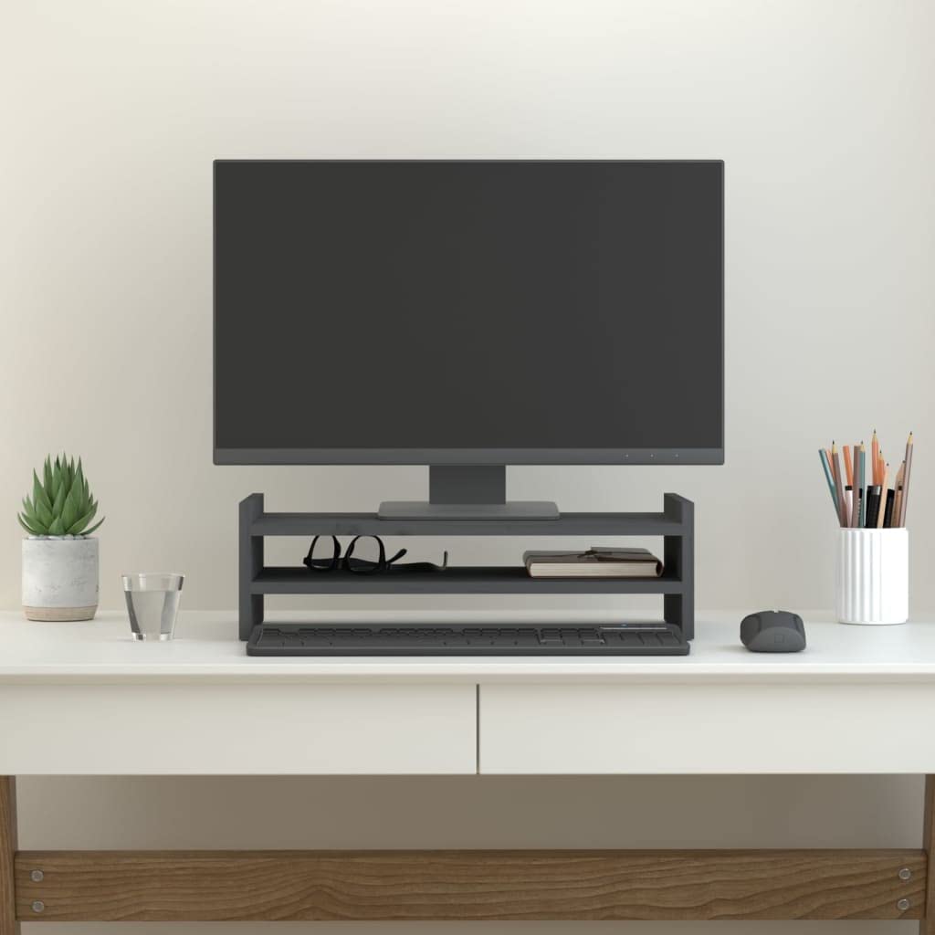 Supporto per monitor in legno di pino massiccio grigio, 50 x 27 x 15 cm, supporto da scrivania con ripiano, supporto per monitor, laptop e stampante, ergonomico per ufficio e home office