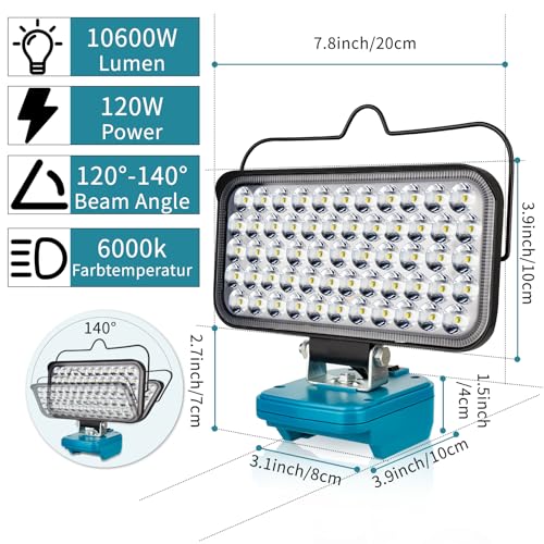 Image of Cordless LED Work Light for Makita 18v Battery, Portable Flood Lights 120W Spotlight Compact Lighting 10600LM with Type C & USB Fast Charging for Camping, Hiking, Fishing,Power Failure,Workshop