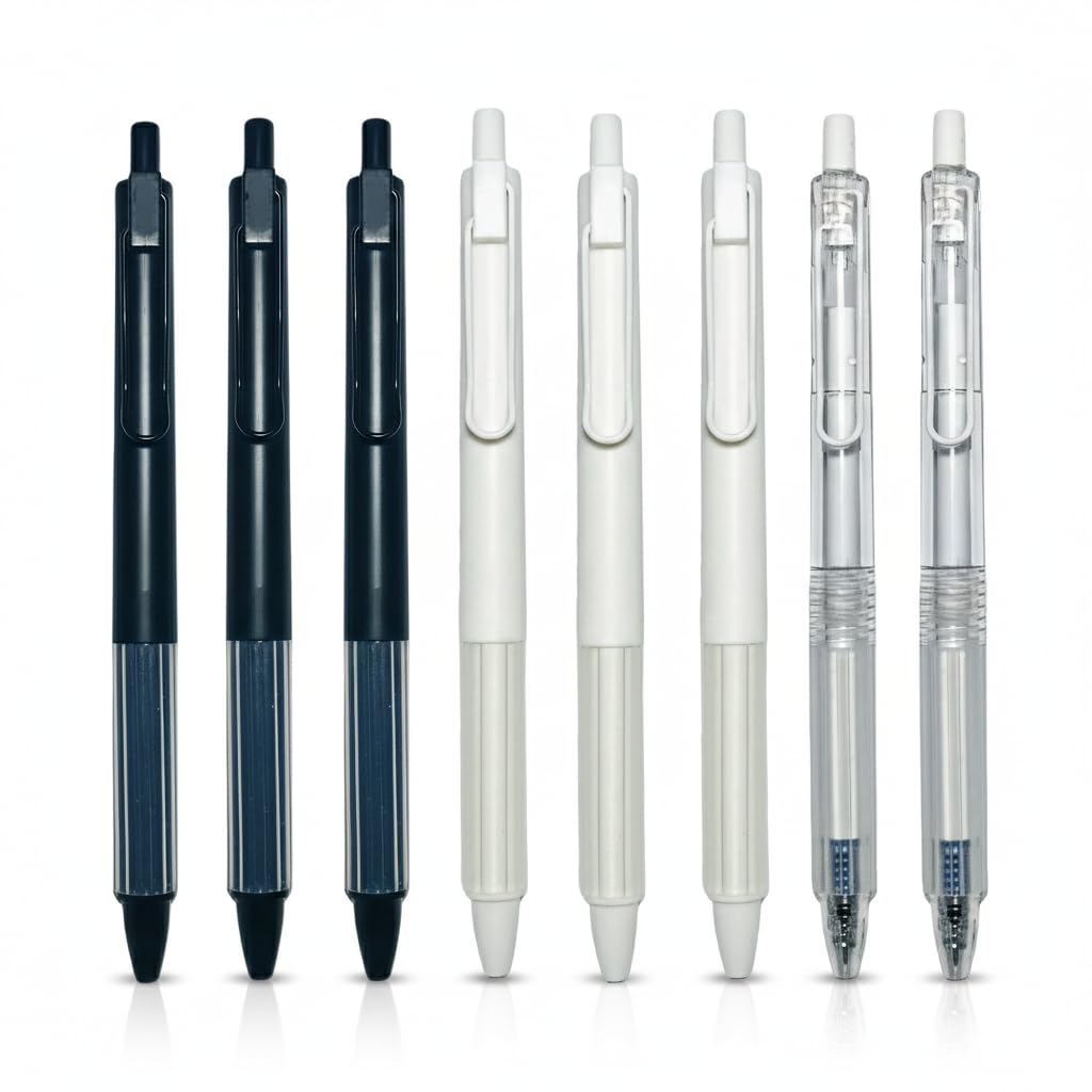 Black Gel Pens, Pack of 8 Fine Point 0.5mm Pens for Smooth Quick-Dry Writing, Soft Grip & Metal Clip, Bulk Multipack for Office, School, Home & Professional Use, Black, White & Transparent Barrels