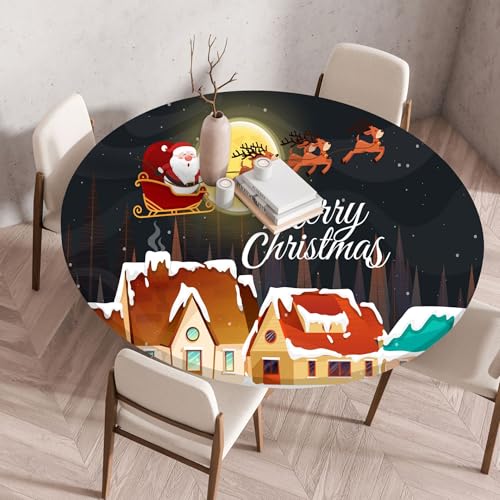 Treer Mantel Redondo Antimanchas,Navidad Redonda con Ajustable Borde Elástico,Tablas Manteles de Mesa Lavable Manteles para Año Nuevo, Fiesta de Navidad 60-140cm (120cm,Pueblo navideño)